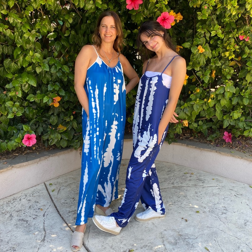 Overalls Jumpsuit Romper Oversized Tie Dye Boho Jumpsuit Bright Blue/White - Picture 13 of 17